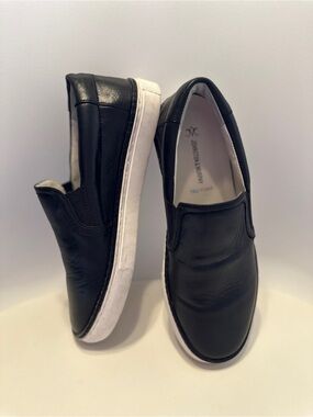Johnston & Murphy Black Leather Slip-On Sneakers with White Outsole